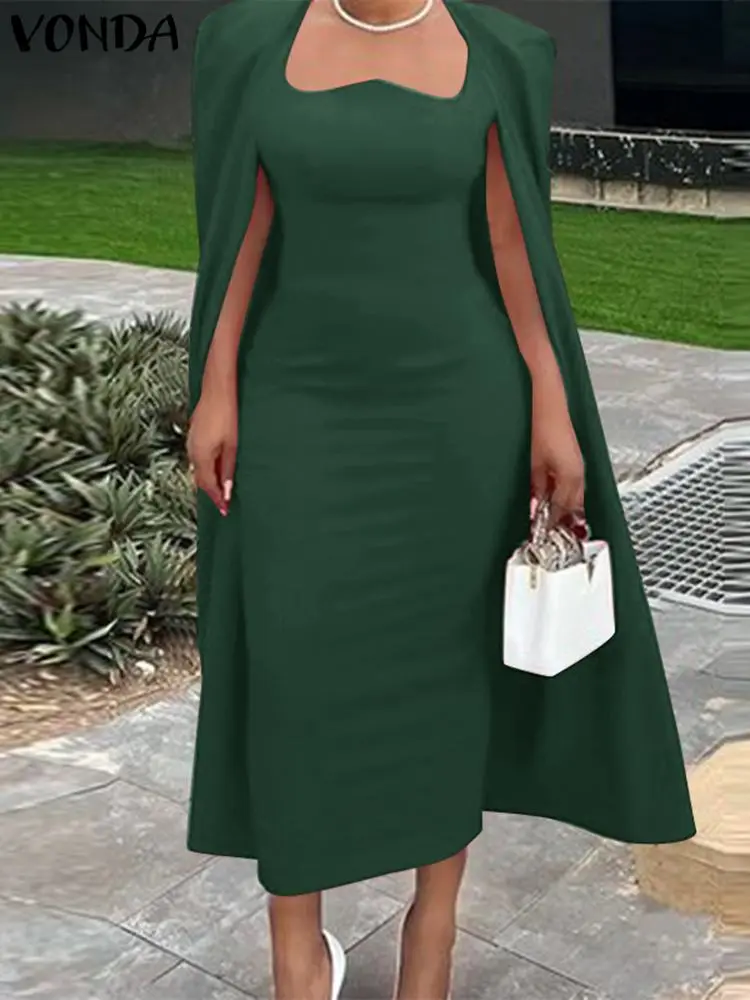 VONDA Women Tight-Fitting Dresses 2024 Autumn Cape Sleeve Party Sundress Square Collar Robe Ankle-Length Vestidos American