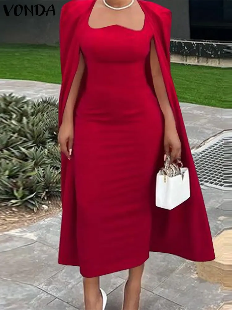 VONDA Women Tight-Fitting Dresses 2024 Autumn Cape Sleeve Party Sundress Square Collar Robe Ankle-Length Vestidos American