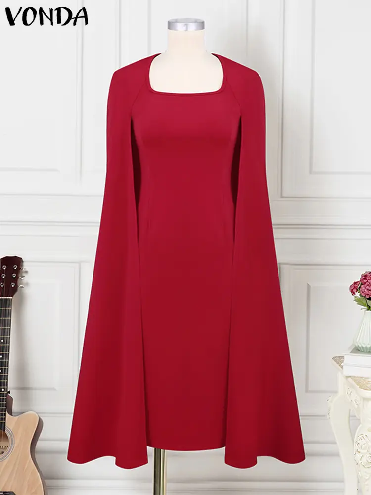 VONDA Women Tight-Fitting Dresses 2024 Autumn Cape Sleeve Party Sundress Square Collar Robe Ankle-Length Vestidos American