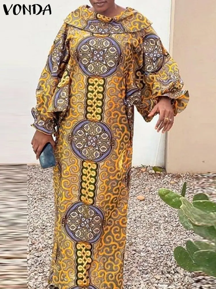 Plus Size VONDA Bohemian Long Maxi Dress 2024 Women Printed Sundress Elegant Stand Collar Vestidos Vintage Lantern Sleeve Robe