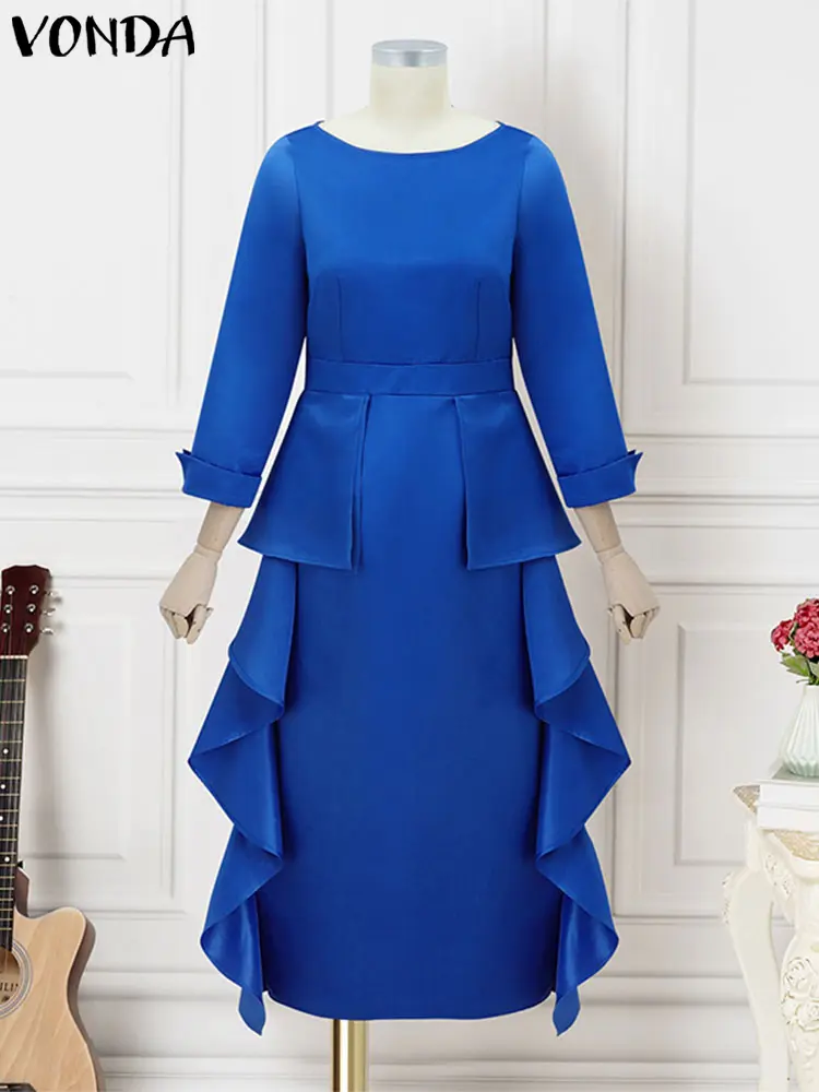 Plus Size 5XL VONDA Elegant Satin Dress Women Bohemian Maxi Long Dress 2025 Ruffle Sundress Casual Vestidos Solid Color Robe
