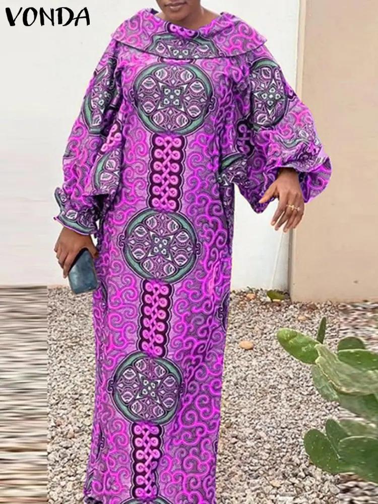 Plus Size VONDA Bohemian Long Maxi Dress 2024 Women Printed Sundress Elegant Stand Collar Vestidos Vintage Lantern Sleeve Robe