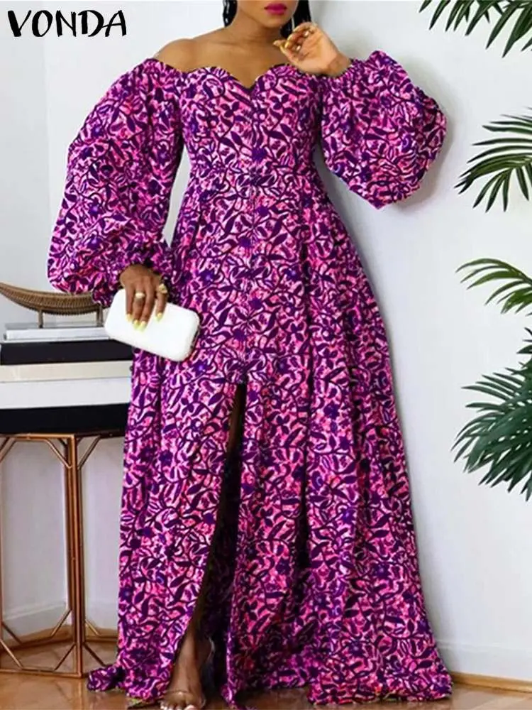 Plus Size 5XL VONDA Women Maxi Dress Off The Shoulder Puff Sleeve Floor-Length Printed Vestidos 2024 Oversize Casual Robe