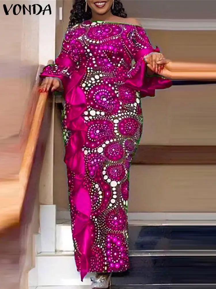 Plus Size 5XL VONDA Summer Off Sholuder Maxi Dress Women Bohemian Ruffled Printed Vestidos 2025 Fashion Casual Floor-Length Robe
