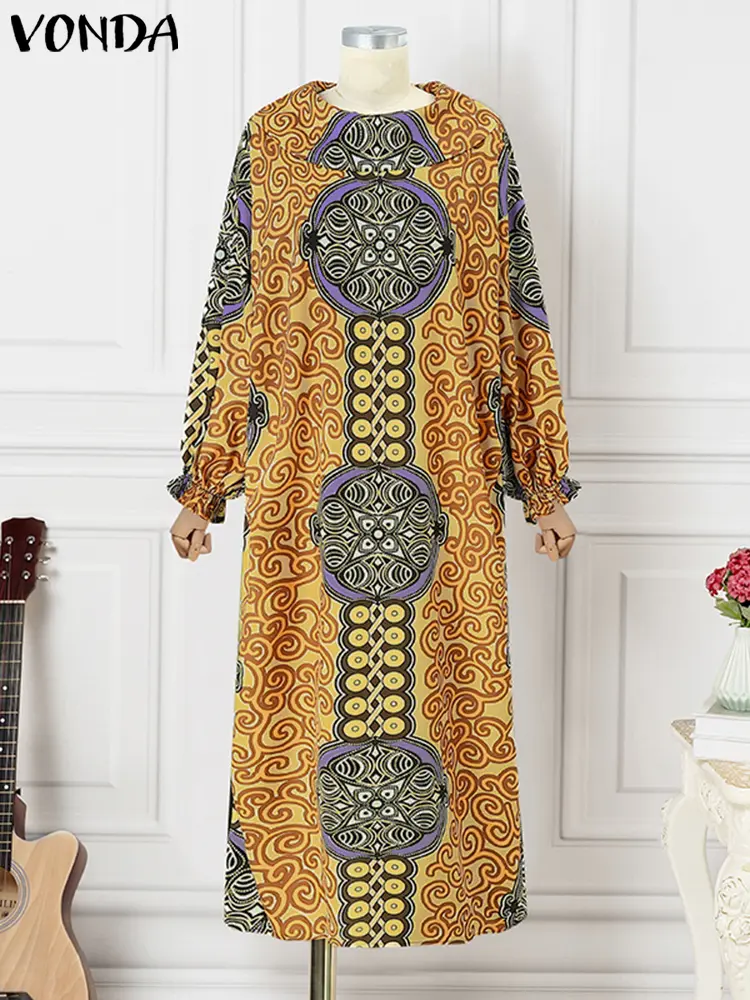 Plus Size VONDA Bohemian Long Maxi Dress 2024 Women Printed Sundress Elegant Stand Collar Vestidos Vintage Lantern Sleeve Robe