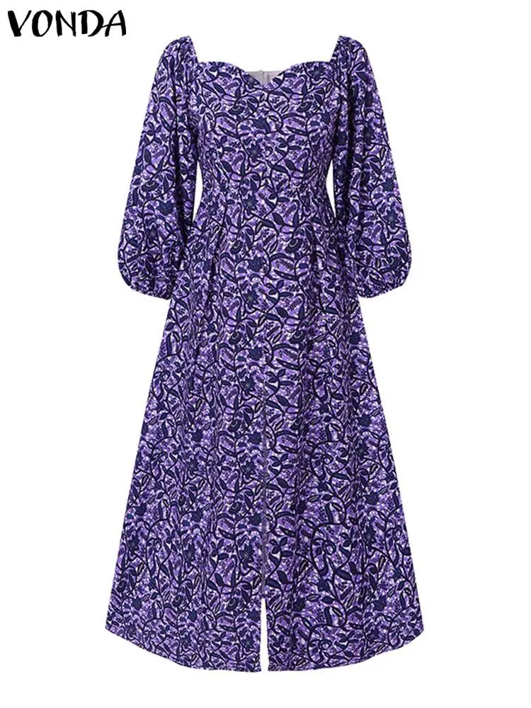 Plus Size 5XL VONDA Women Maxi Dress Off The Shoulder Puff Sleeve Floor-Length Printed Vestidos 2024 Oversize Casual Robe