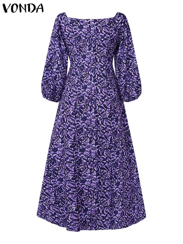 Plus Size 5XL VONDA Women Maxi Dress Off The Shoulder Puff Sleeve Floor-Length Printed Vestidos 2024 Oversize Casual Robe