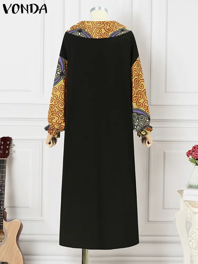 Plus Size VONDA Bohemian Long Maxi Dress 2024 Women Printed Sundress Elegant Stand Collar Vestidos Vintage Lantern Sleeve Robe