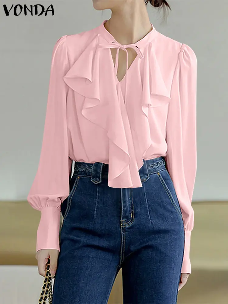 Casual Solid Color Ruffled Lace Up Long Sleeve Cover Shirts 2025 VONDA Bohemian Tops Elegant Long SLeeve Blouse Oversized Blusas
