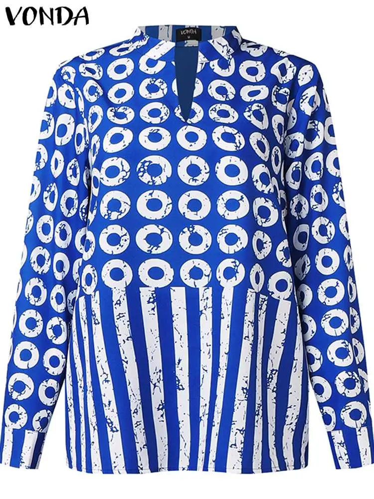 VONDA Women Plus Size Long Sleeve Suits 2024 Fashion V Neck Matching Sets Polka Dot Striped Shirts And Elastic Waist Pant Sets
