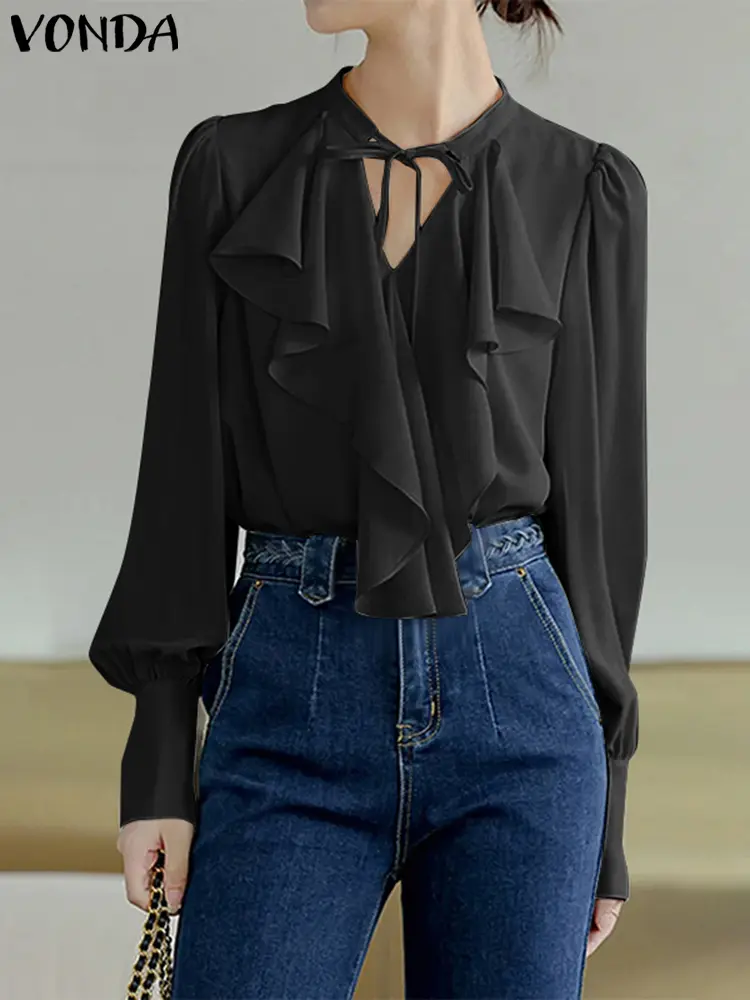 Casual Solid Color Ruffled Lace Up Long Sleeve Cover Shirts 2025 VONDA Bohemian Tops Elegant Long SLeeve Blouse Oversized Blusas