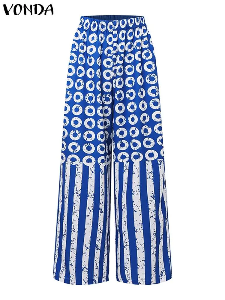 VONDA Women Plus Size Long Sleeve Suits 2024 Fashion V Neck Matching Sets Polka Dot Striped Shirts And Elastic Waist Pant Sets