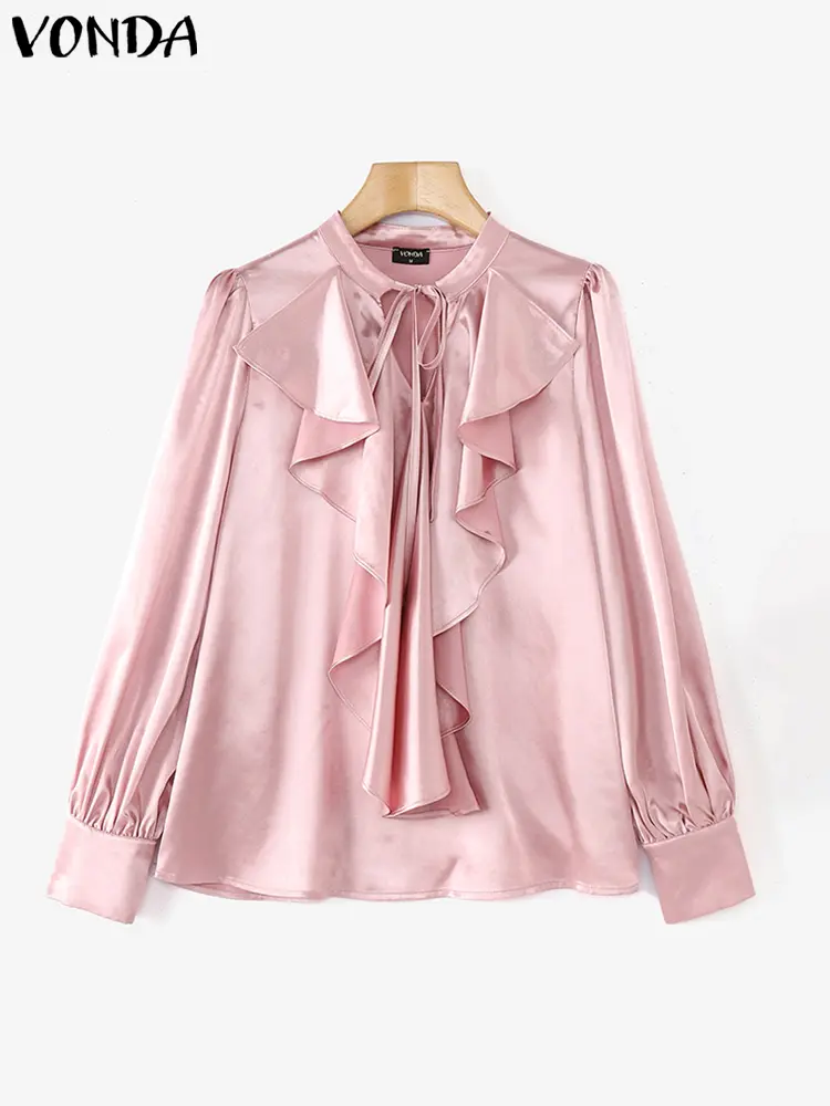 Casual Solid Color Ruffled Lace Up Long Sleeve Cover Shirts 2025 VONDA Bohemian Tops Elegant Long SLeeve Blouse Oversized Blusas