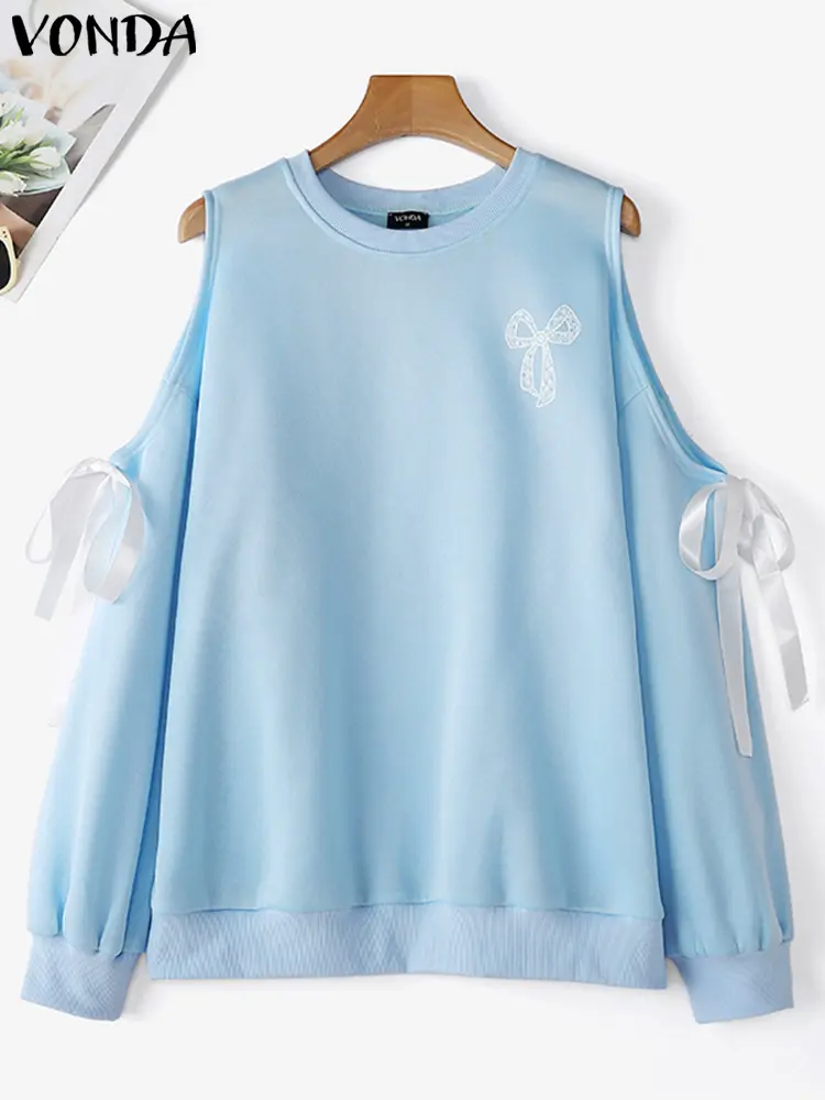 VONDA Streetwear Women Blouses Fashion Long Sleeve Bow Tops Off Shoulder Blusas Solid Tunic Party Casual Autumn Spring Top