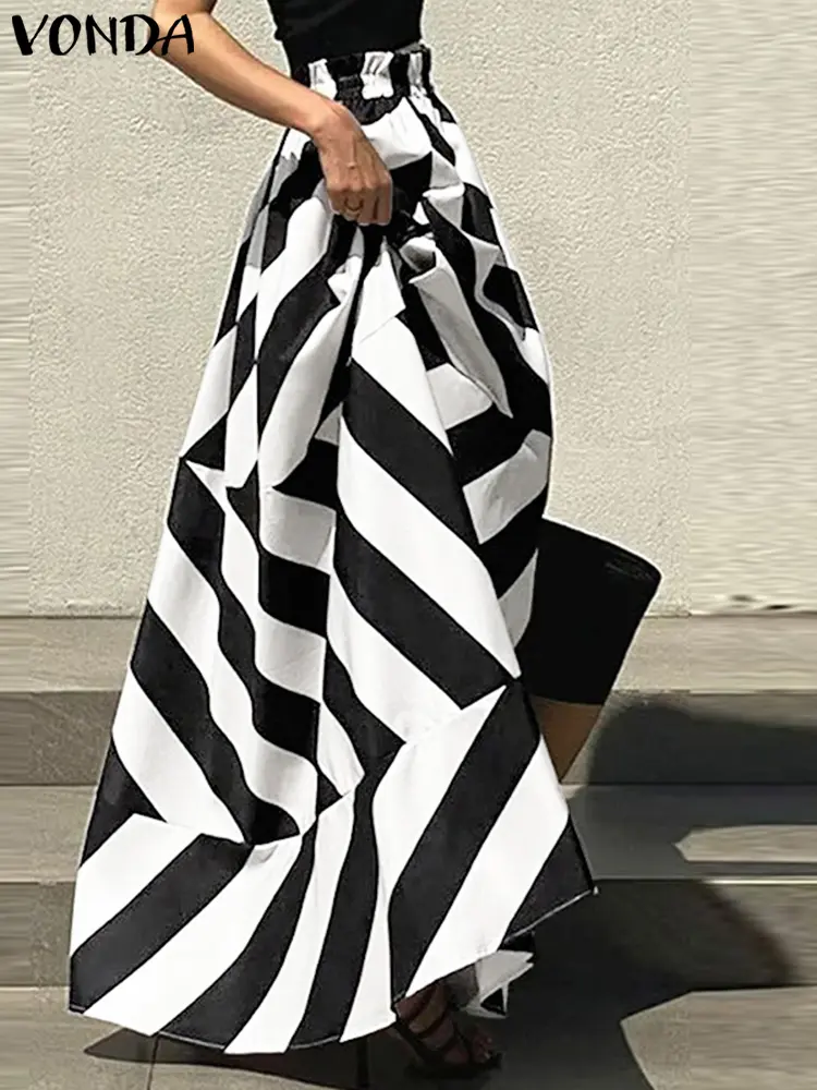 VONDA Bohemian Striped Maxi Skirts 2025 Summer High Waist Oversized Party Skirts Fashion Casual Loose Elastic Waist Long Skirt