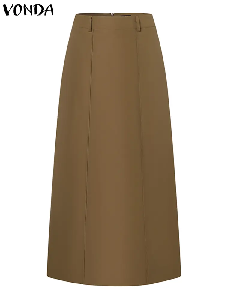 Plus Size 5XL Women Pleated Maxi Skirts Solid Color Skirt 2024 VONDA Fashion Casual Loose Pockets High Waist Bottoms Oversized
