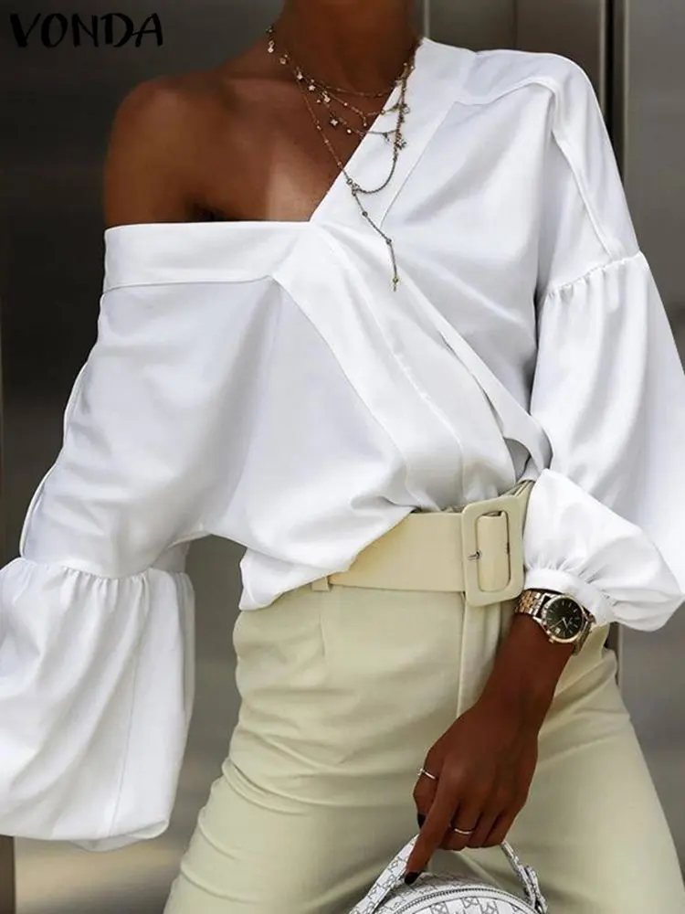 VONDA Women Blouse Elegant Office OL Tunic 2024 European Fashion V-Neck Shirts Autumn Lantern Sleeve Solid Color Tops Oversized