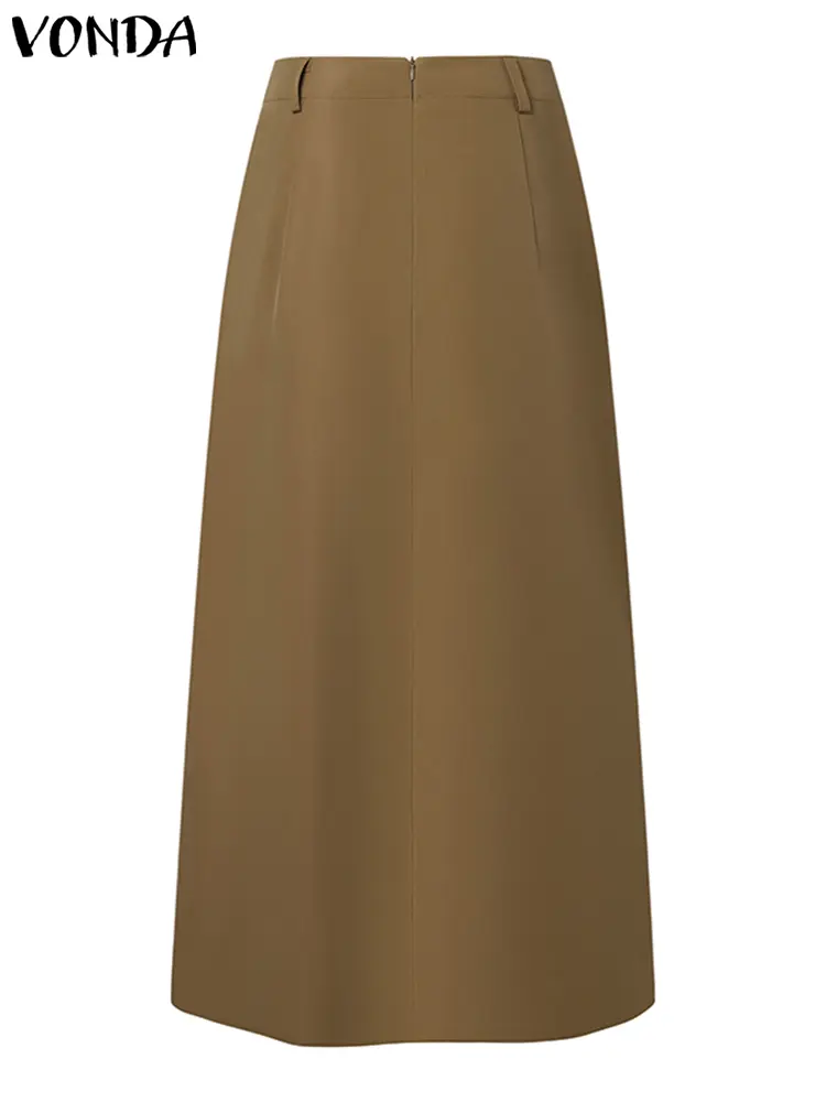 Plus Size 5XL Women Pleated Maxi Skirts Solid Color Skirt 2024 VONDA Fashion Casual Loose Pockets High Waist Bottoms Oversized