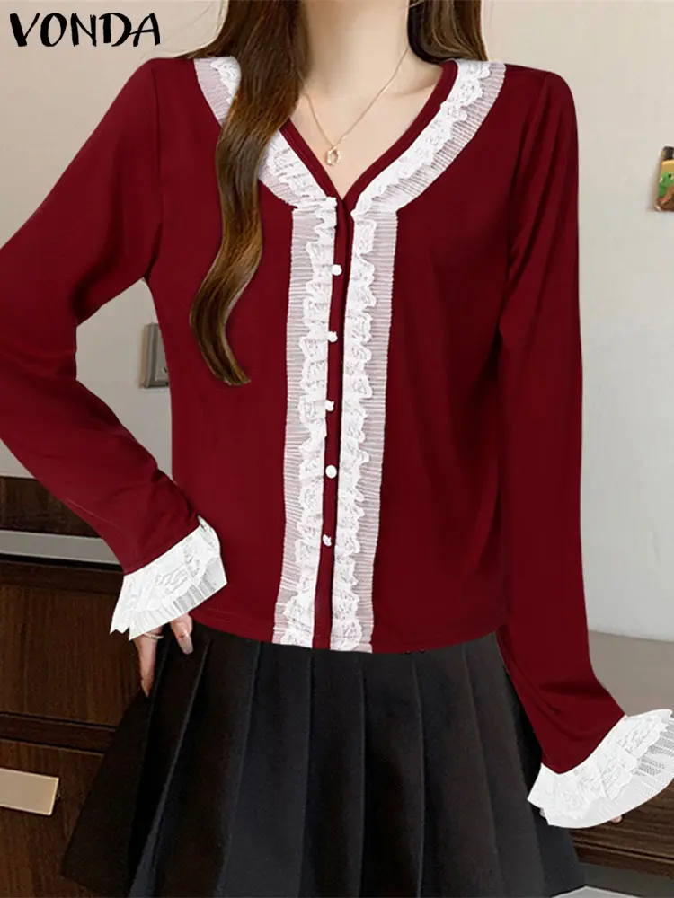 Elegant Tops 2025 Women V Neck Shirt Casual Loose Long Sleeve Lace Patchwork Blouse Female Tunic Oversized Solid Color Blusas