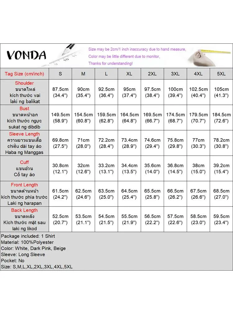 VONDA Women Blouse Elegant Office OL Tunic 2024 European Fashion V-Neck Shirts Autumn Lantern Sleeve Solid Color Tops Oversized