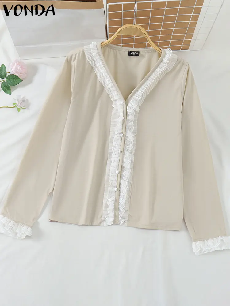 Elegant Tops 2025 Women V Neck Shirt Casual Loose Long Sleeve Lace Patchwork Blouse Female Tunic Oversized Solid Color Blusas