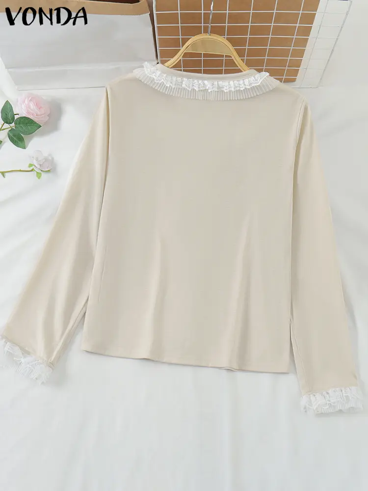Elegant Tops 2025 Women V Neck Shirt Casual Loose Long Sleeve Lace Patchwork Blouse Female Tunic Oversized Solid Color Blusas