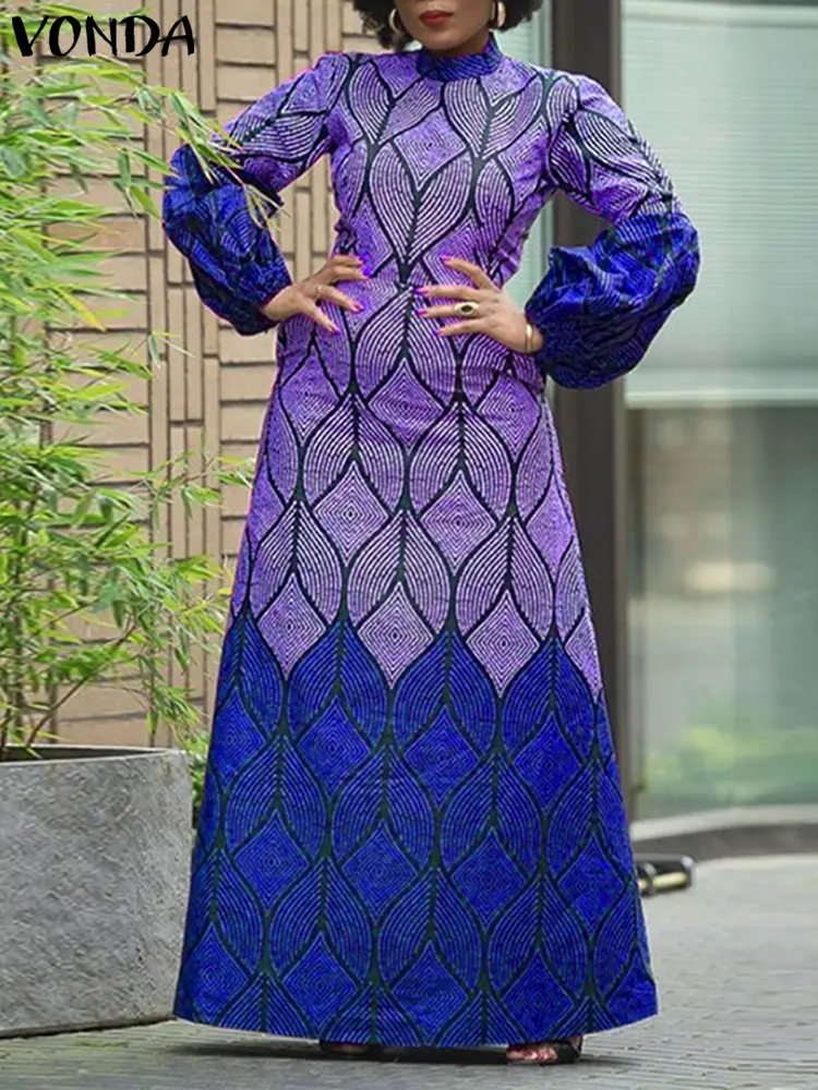 Plus Size 5XL VONDA Women Bohemian Maxi Long Dress Printing Sundress 2025 Casual Loose Robe Lantern Sleeve Turtleneck Vestidos