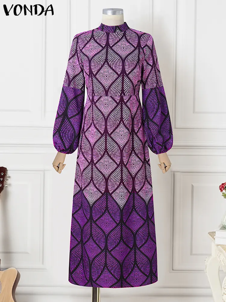 Plus Size 5XL VONDA Women Bohemian Maxi Long Dress Printing Sundress 2025 Casual Loose Robe Lantern Sleeve Turtleneck Vestidos