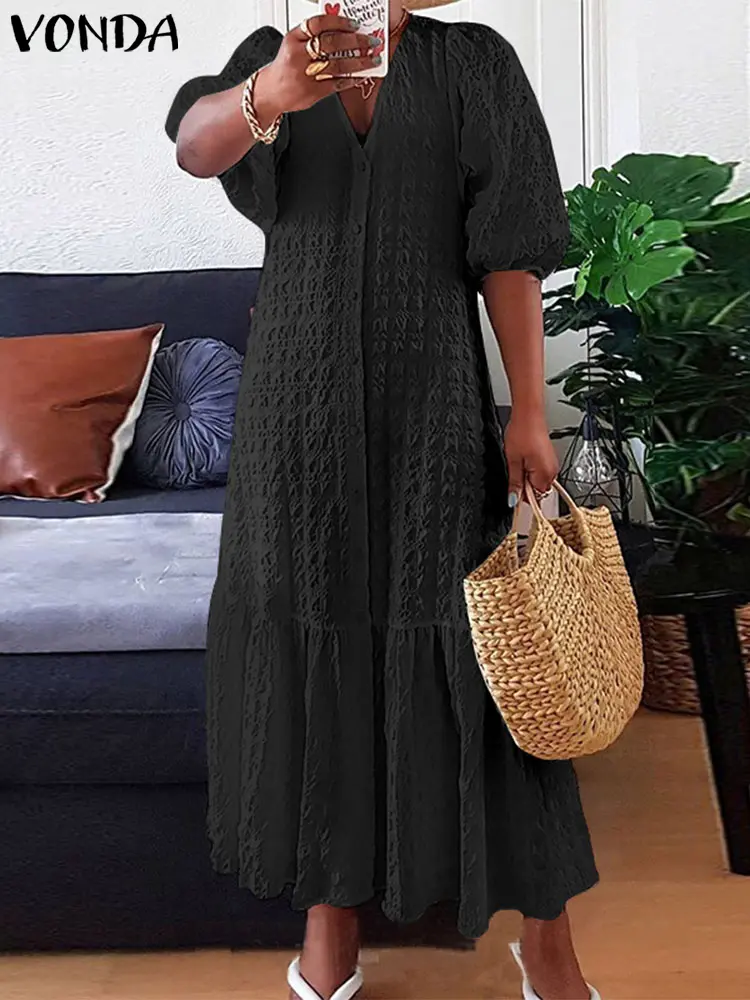 Plus Size 5XL VONDA Women Shirt Maxi Long Dress Sexy V Neck Button Down Party Dresses Bohemian Vestidos Elegant Robes Femme