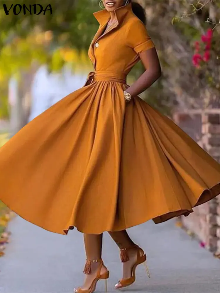 VONDA Plus Size 5XL Women Elegant Office Dress 2024 Autumn Belt Turn-down Collar Sundress OL Lady Dress Vestidos Femme Robe