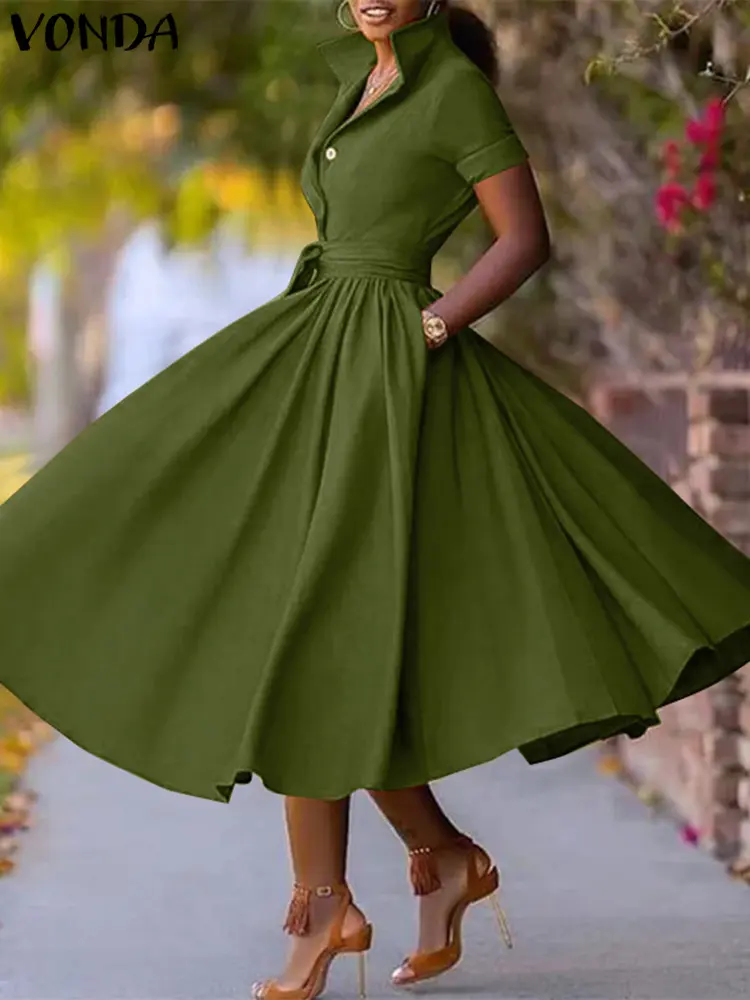 VONDA Plus Size 5XL Women Elegant Office Dress 2024 Autumn Belt Turn-down Collar Sundress OL Lady Dress Vestidos Femme Robe