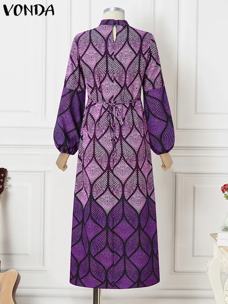 Plus Size 5XL VONDA Women Bohemian Maxi Long Dress Printing Sundress 2025 Casual Loose Robe Lantern Sleeve Turtleneck Vestidos