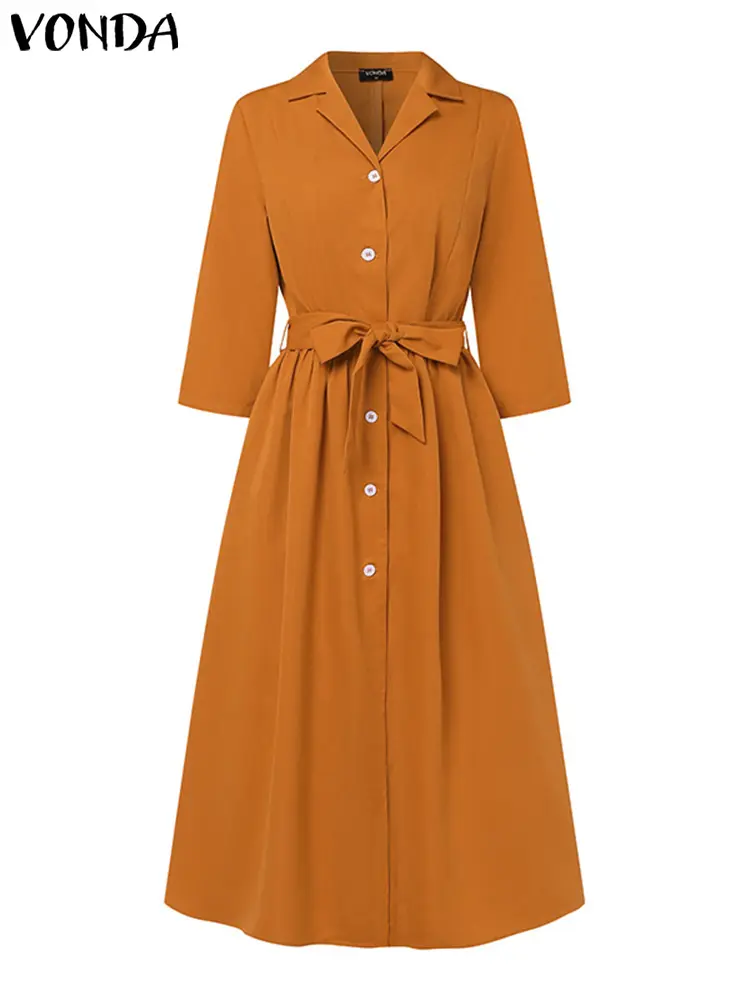VONDA Plus Size 5XL Women Elegant Office Dress 2024 Autumn Belt Turn-down Collar Sundress OL Lady Dress Vestidos Femme Robe