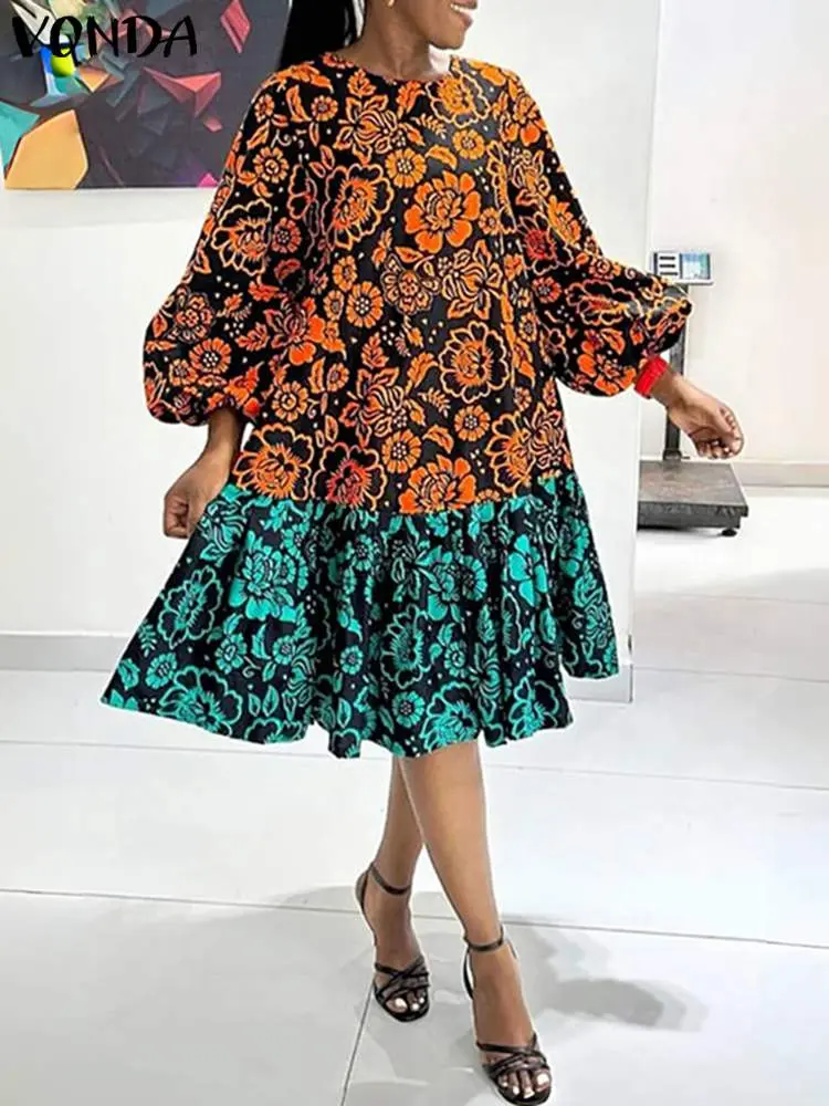 Plus Size VONDA Oversized Women Autumn Midi Dress Long Lantern Sleeve Bohemian Printed Ruffled Vestidos 2024 Casual Vintage Robe