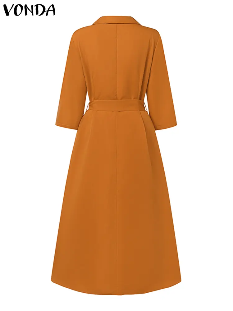 VONDA Plus Size 5XL Women Elegant Office Dress 2024 Autumn Belt Turn-down Collar Sundress OL Lady Dress Vestidos Femme Robe