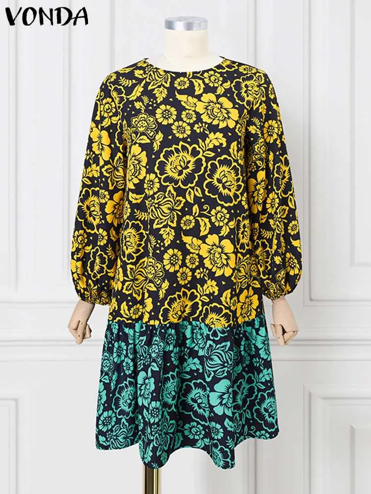 Plus Size VONDA Oversized Women Autumn Midi Dress Long Lantern Sleeve Bohemian Printed Ruffled Vestidos 2024 Casual Vintage Robe
