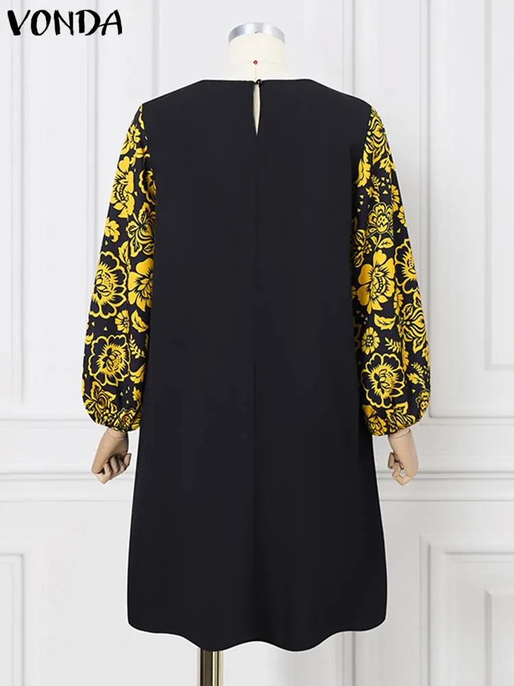 Plus Size VONDA Oversized Women Autumn Midi Dress Long Lantern Sleeve Bohemian Printed Ruffled Vestidos 2024 Casual Vintage Robe