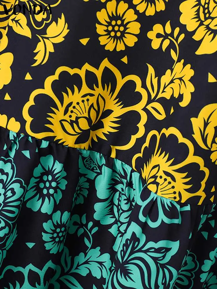 Plus Size VONDA Oversized Women Autumn Midi Dress Long Lantern Sleeve Bohemian Printed Ruffled Vestidos 2024 Casual Vintage Robe