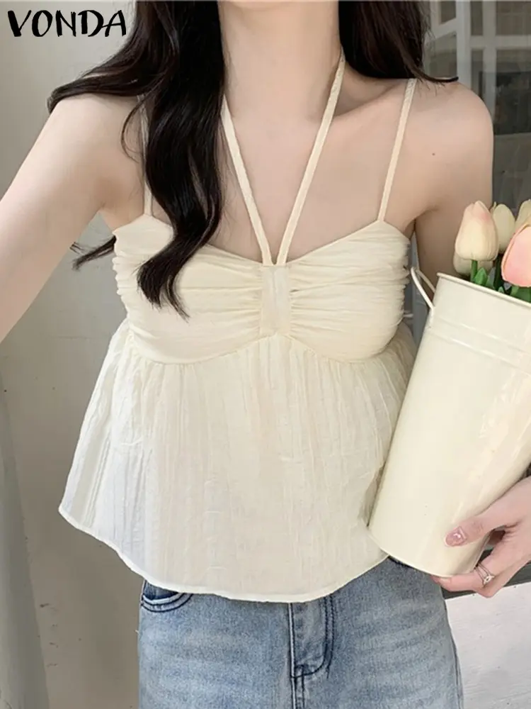 VONDA Women Sleeveless Tops 2024 Summer Solid Color Ruffled Sweety Tops Casual Holiday Fashion Bohemian Tanks Oversized Blusas