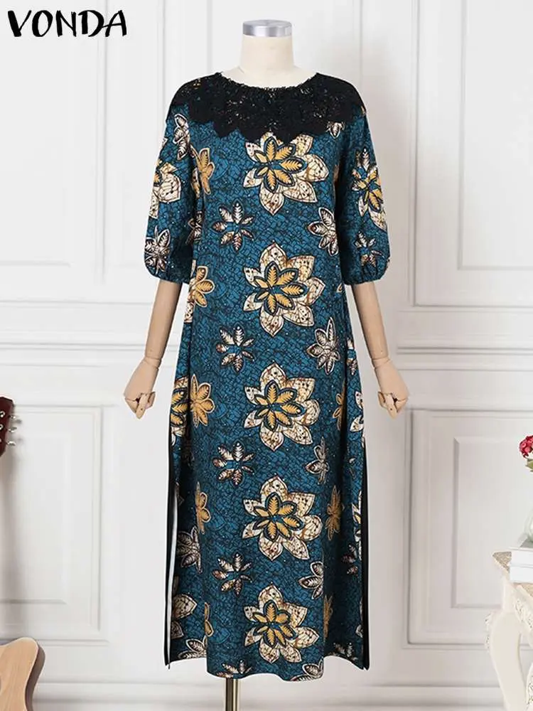 Plus Size VONDA Floral Printed Bohemian Maxi Long Dress 2024 Women Puff Sleeve Summer Robe Split Lace Patchwork Beach Vestido