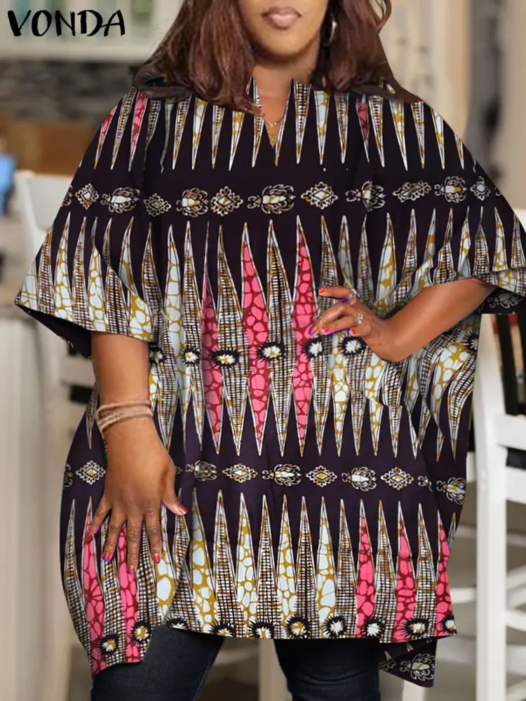 Plus Size Women Blouses VONDA Elegant Printed Tops 2025 Casual Half Sleeve Tunic Loose Shirts V-Neck Bohemian Blusa Oversize 5XL