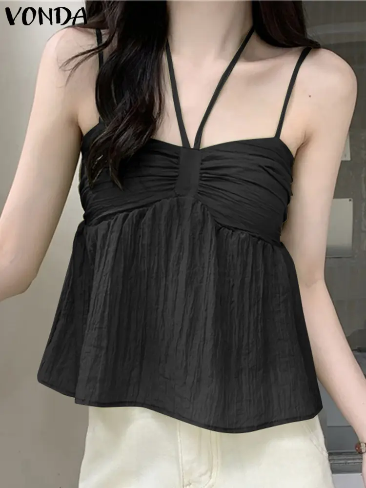 VONDA Women Sleeveless Tops 2024 Summer Solid Color Ruffled Sweety Tops Casual Holiday Fashion Bohemian Tanks Oversized Blusas