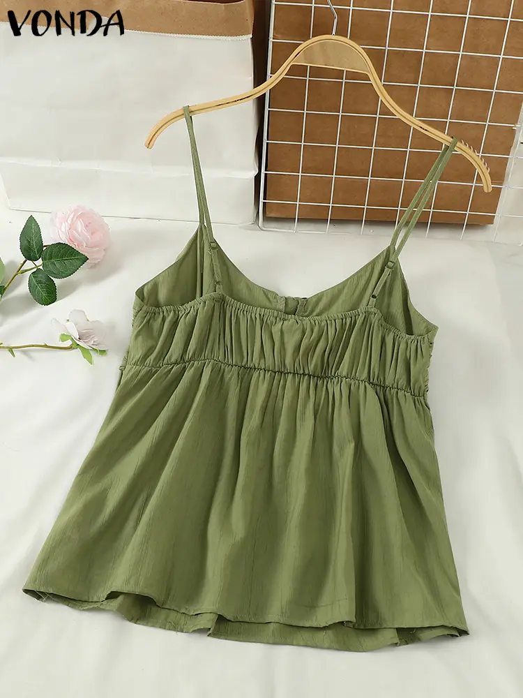 VONDA Women Sleeveless Tops 2024 Summer Solid Color Ruffled Sweety Tops Casual Holiday Fashion Bohemian Tanks Oversized Blusas