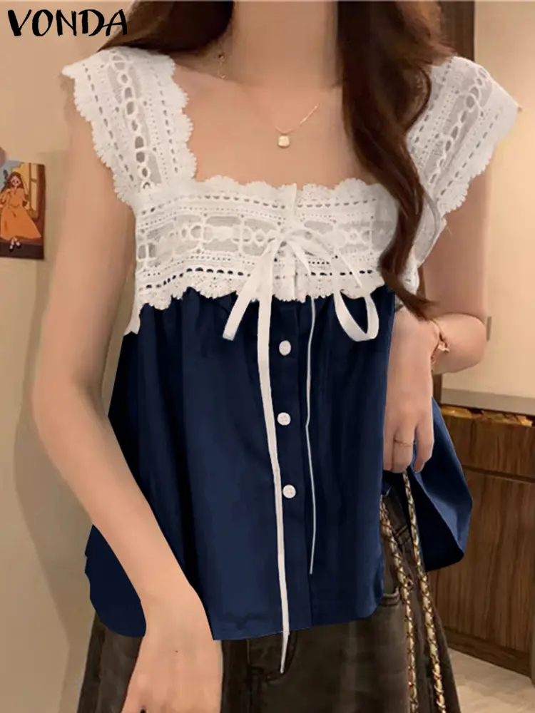 VONDA Lace Patchwork Blouse Women Tank Tops Solid Color 2025 Summer Beach Tunic Casual Loose Sleeveles Shirts Blusas Chemise