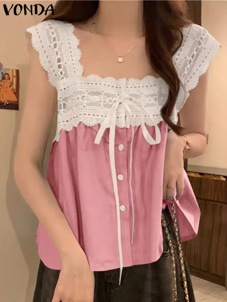 VONDA Lace Patchwork Blouse Women Tank Tops Solid Color 2025 Summer Beach Tunic Casual Loose Sleeveles Shirts Blusas Chemise