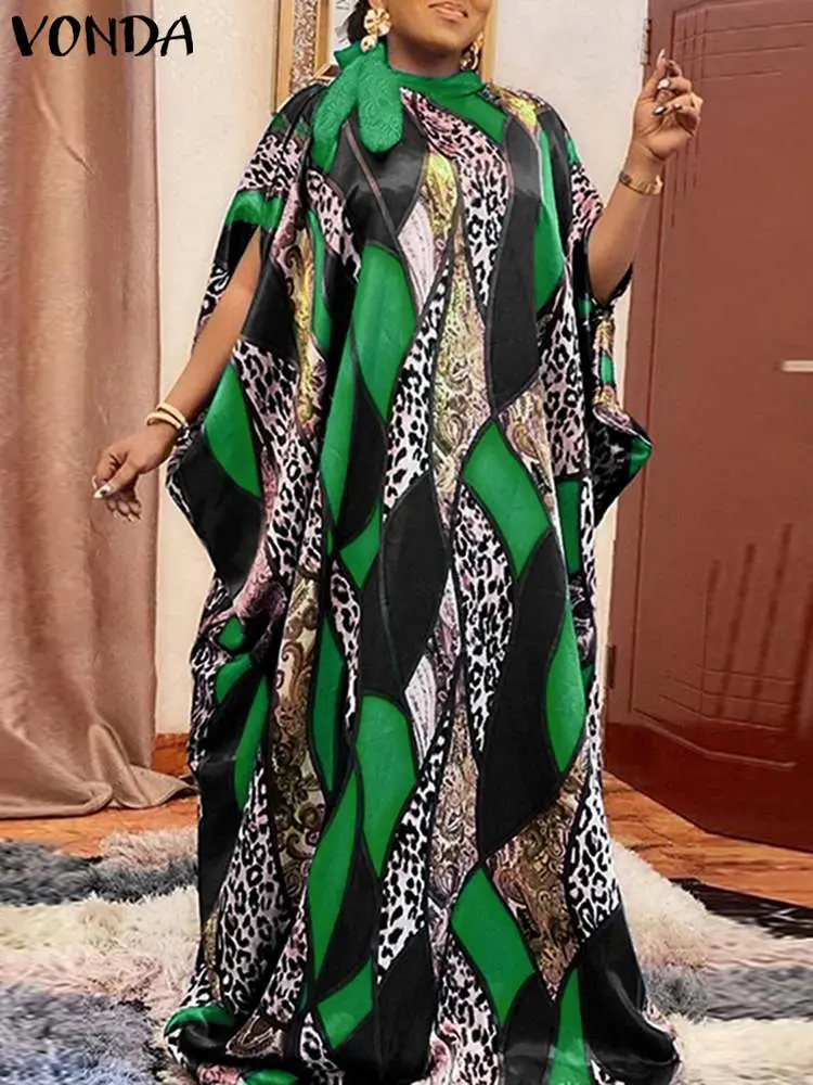 VONDA Plus Size Women Dress Bohemian Print Leopard Lace Up Maxi Sundress 2024 Half High Collar Robe Bat-wing Sleeve Vestidos