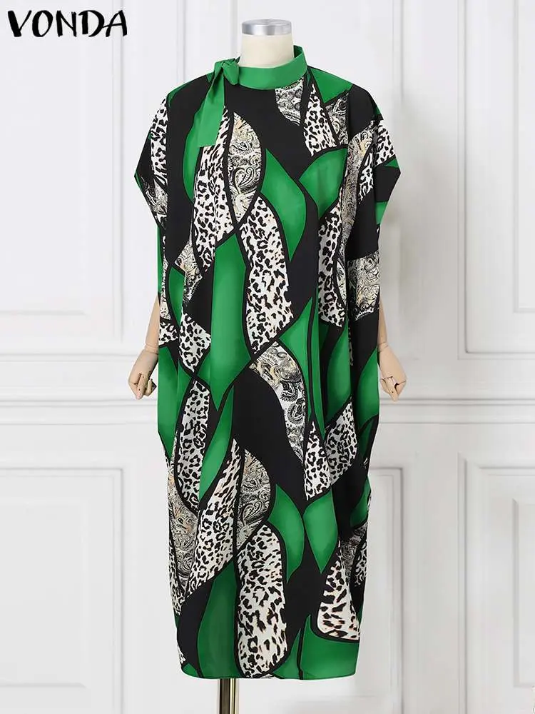 VONDA Plus Size Women Dress Bohemian Print Leopard Lace Up Maxi Sundress 2024 Half High Collar Robe Bat-wing Sleeve Vestidos