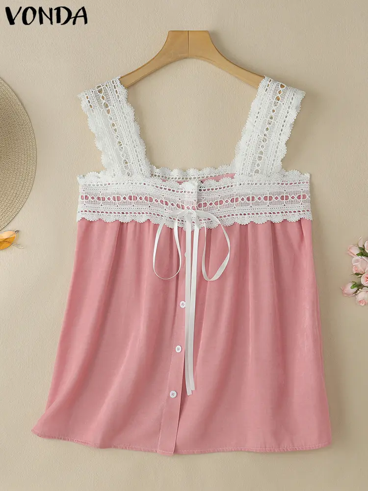 VONDA Lace Patchwork Blouse Women Tank Tops Solid Color 2025 Summer Beach Tunic Casual Loose Sleeveles Shirts Blusas Chemise