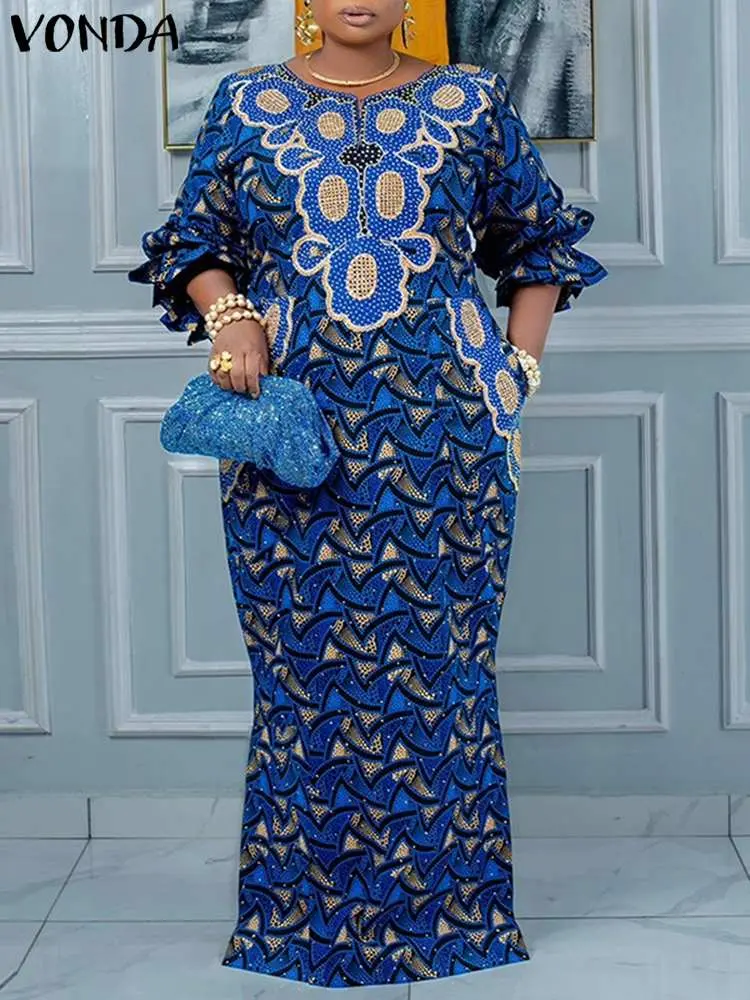 Plus Size 5XL VONDA 2024 Women Dress Autumn New Crew Neck Puff Sleeve Vintage Floral Printed Dress Party Maxi Long Robe Holiday