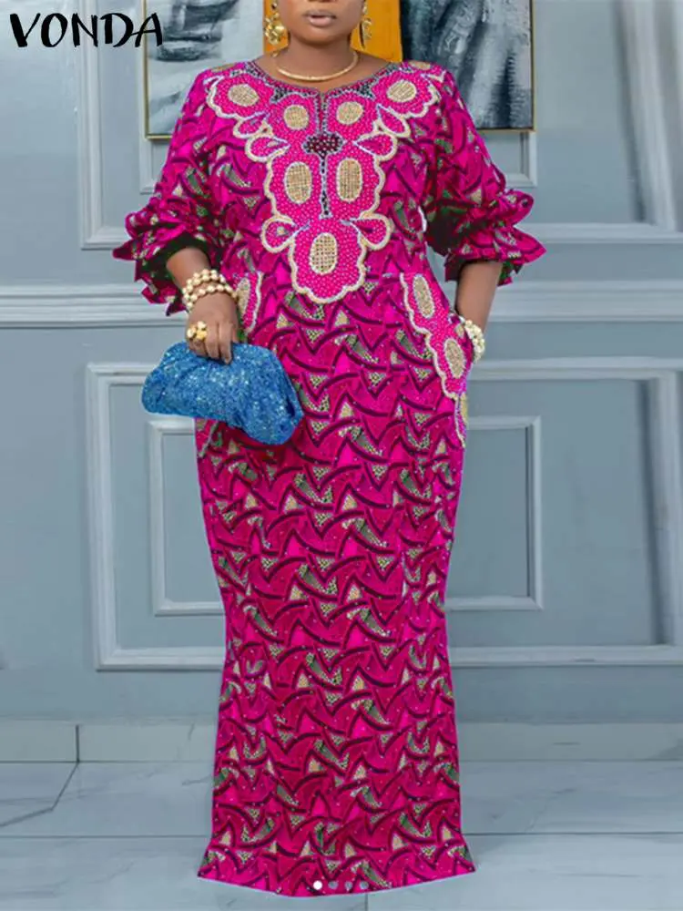 Plus Size 5XL VONDA 2024 Women Dress Autumn New Crew Neck Puff Sleeve Vintage Floral Printed Dress Party Maxi Long Robe Holiday